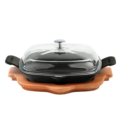 Lava Ahşap Altlıklı Cam Kapaklı Kızartma Tavası 26×26 cm Düz Zeminli