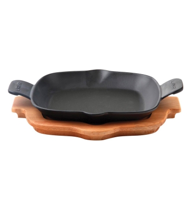 Lava Ahşap Altlıklı Döküm Demir Kızartma Tavası 26×26 cm Düz Zeminli